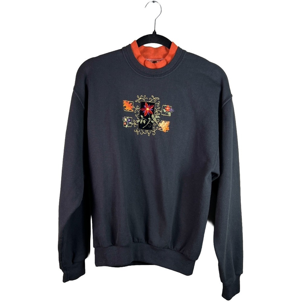 90s Top Stitch Floral Embroidered Double Collar Sweatshirt Women's M Cottagecore